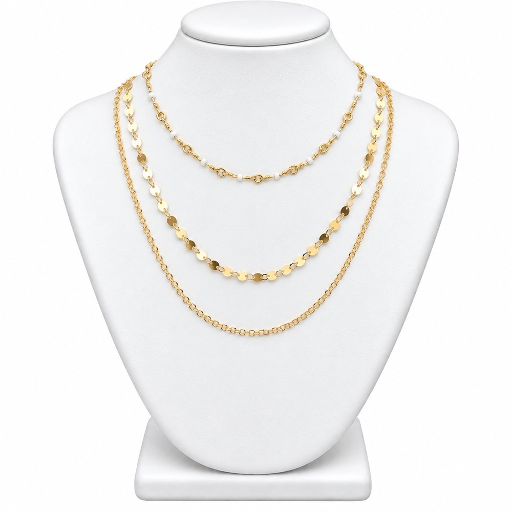 Versona Multi Strand Layered Necklace Gold Tone Faux Pearl Disc Chain 14-17 In